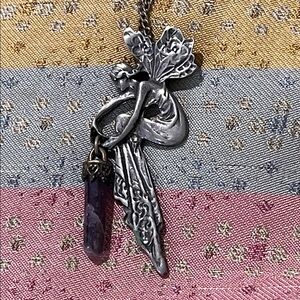 VINTAGE PEWTER FAIRY PENDANT W/AMYETHYST STONE 24” SILVER TONED CHAIN
